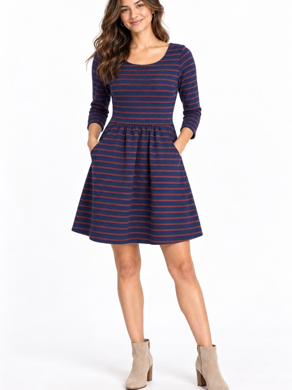 Anthropologie Maeve Blue Rust Striped Fit Flare Pocket Dress Size 0 NWT